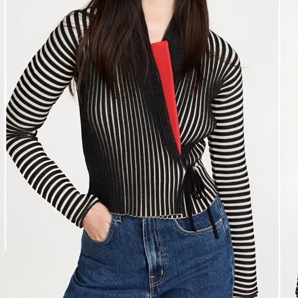 Tory Burch Plaited Rib Shawl Cardigan Black Vanilla Flower Asymetric Wrap XL NEW
